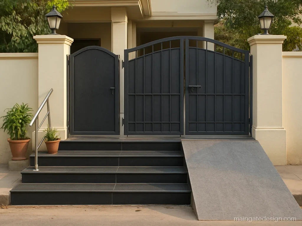 Main gate stairs design with granite steps beside a vehicle ramp