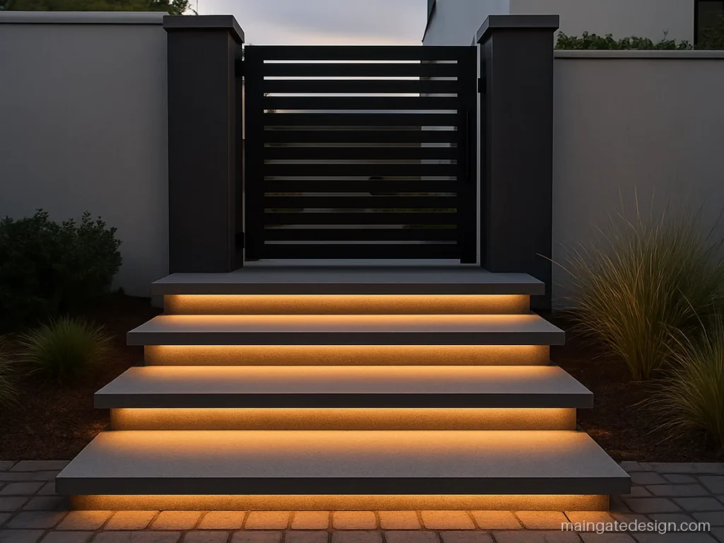 Modern main gate sidhi design with floating steps and step lights