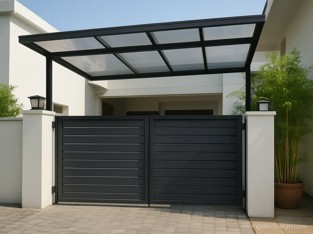 Modern main gate shade design with a polycarbonate shed on a steel frame