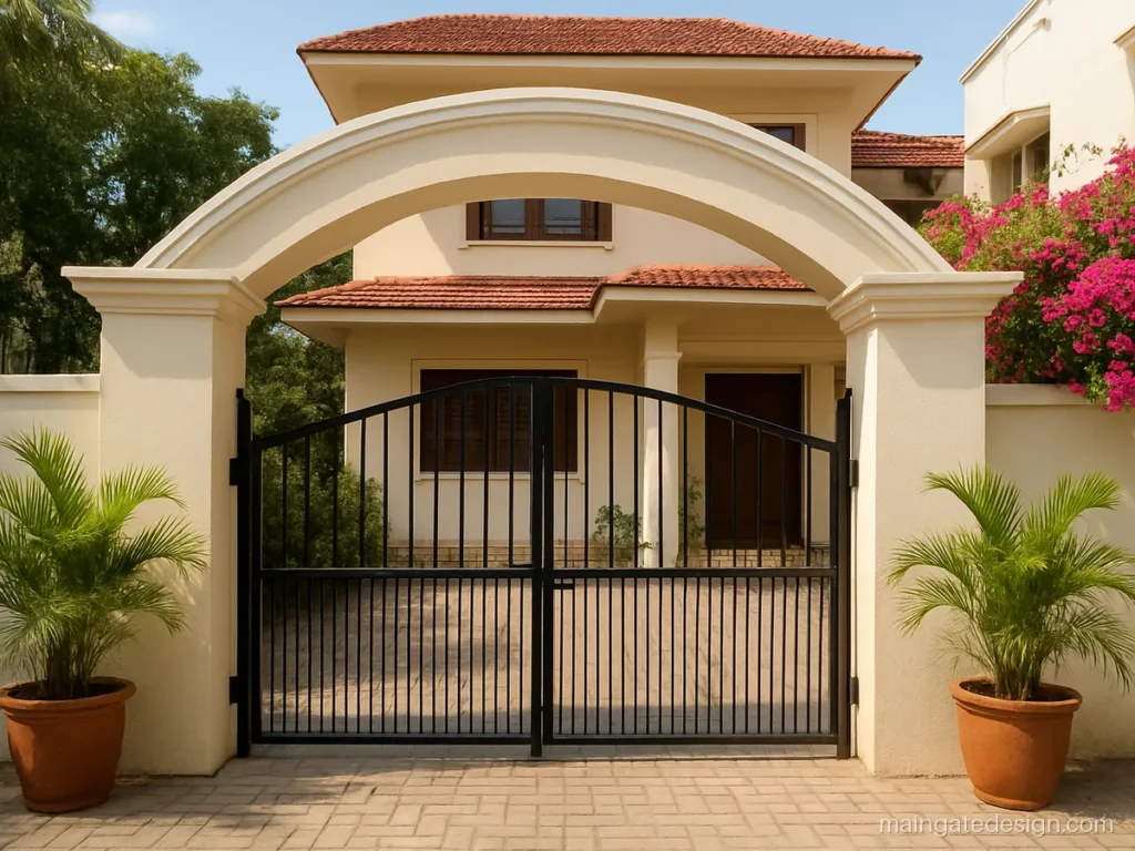 Main gate arch design in RCC with a soft curve over cream pillars