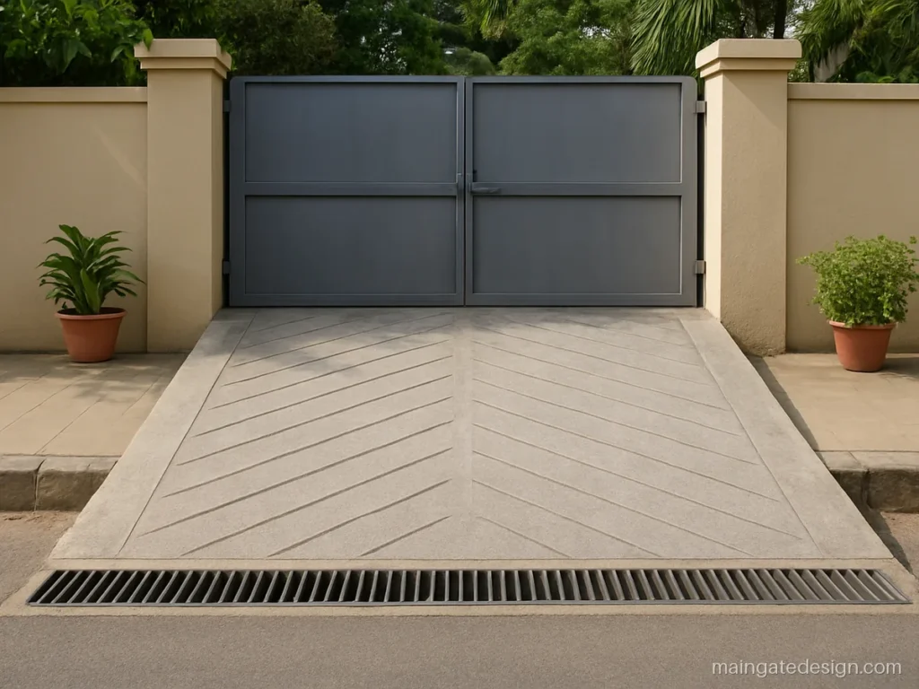 Residential main gate ramp design with a grooved concrete slope and drain