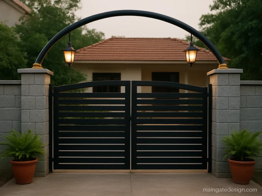 Arch design for main gate made of curved steel pipe with hanging lamps