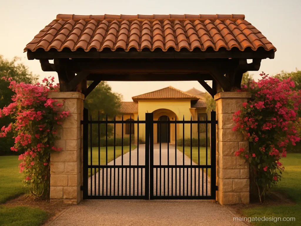 Simple main gate roof design with clay roof tiles on a wooden pergola frame
