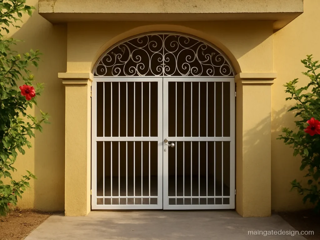 Main gate top grill design with white scrolls in an arched upper frame