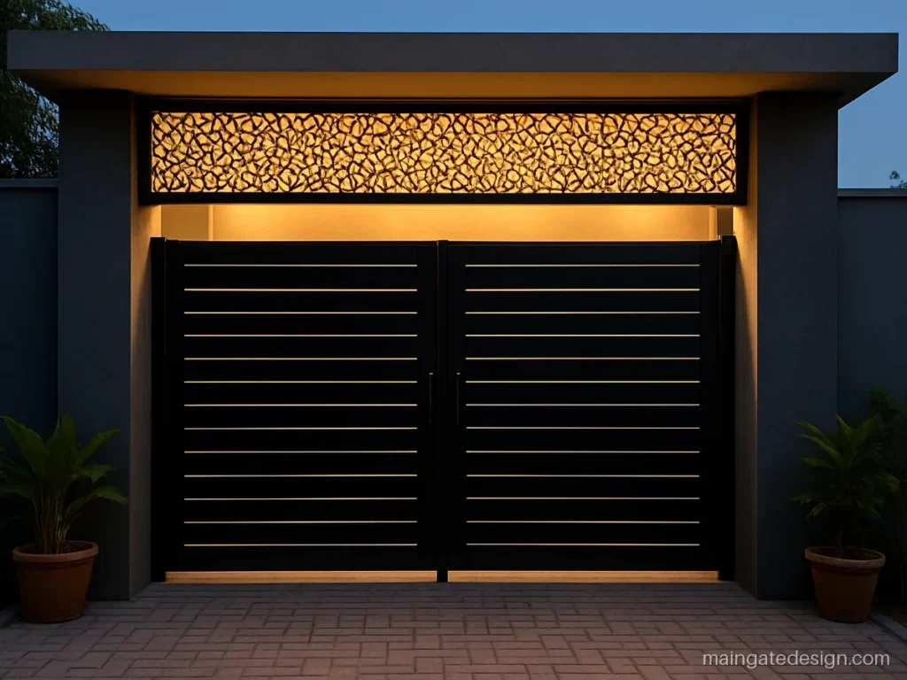 House main gate ke upar ka design with a CNC cut jali panel above the gate