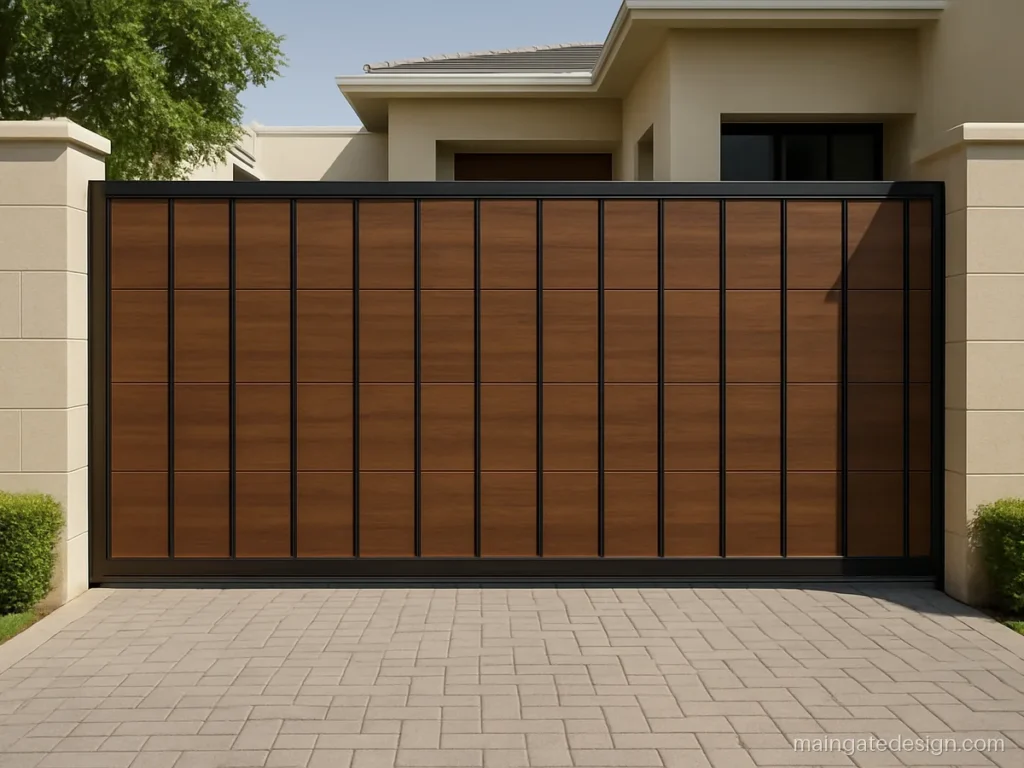 ACP sheet main gate design with wood grain panels and black metal strips