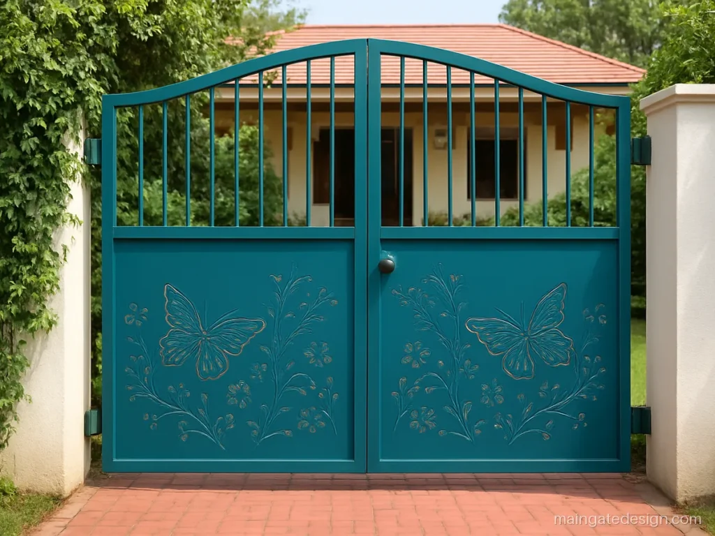 Main gate cnc design with butterfly and flower cut panels in teal