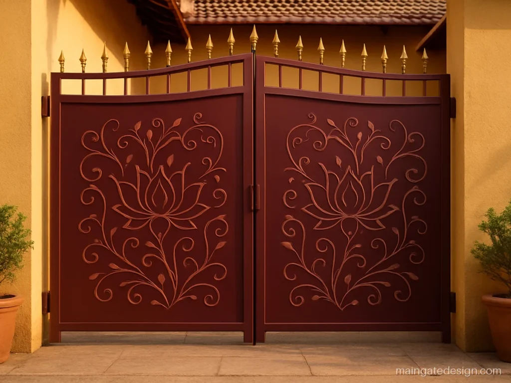 Main gate laser cutting design with lotus vine panel and maroon finish