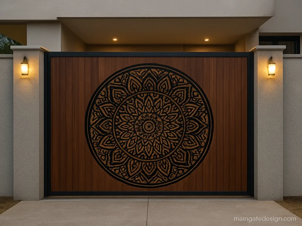 Laser cut main gate design with large mandala panel inside a wood look frame