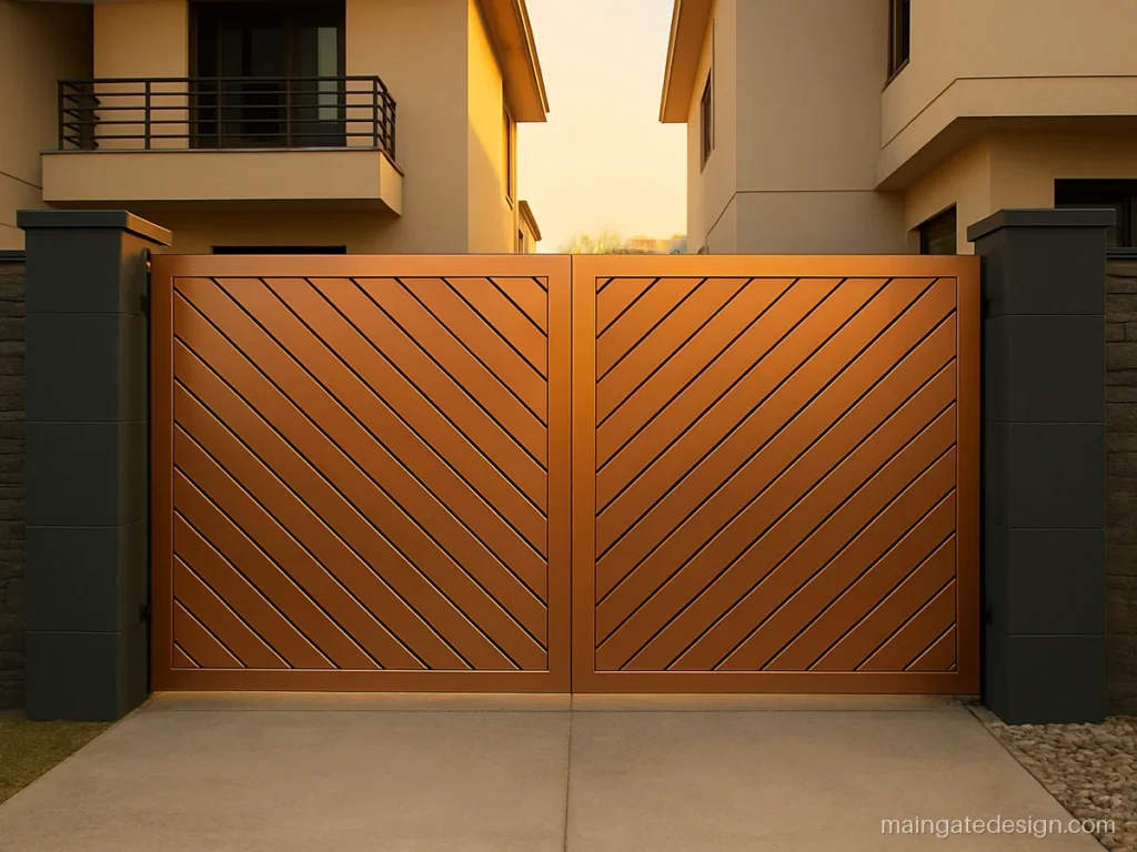 Cnc cutting main gate design with diagonal line pattern and copper finish