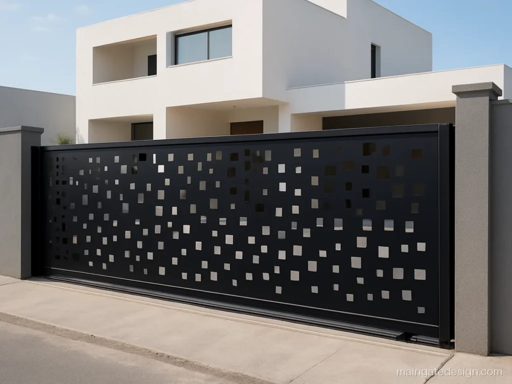 Main gate ms laser cutting gate design with offset squares on a sliding gate