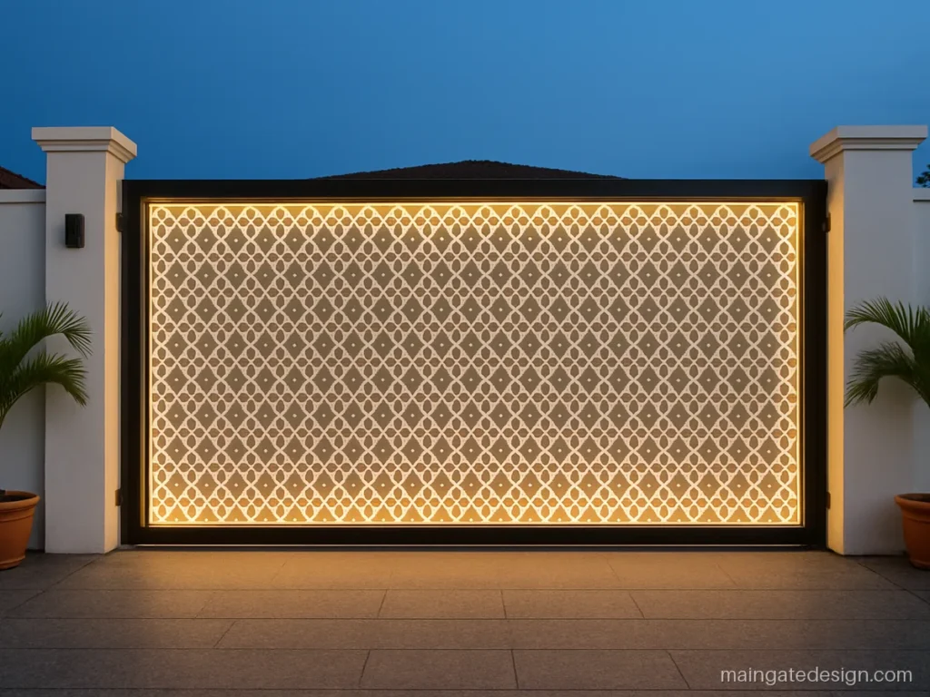 Laser cutting main gate design with Moroccan jali and warm back light