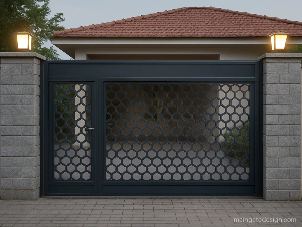 Main gate jali door design with a hexagon pattern and a small wicket door