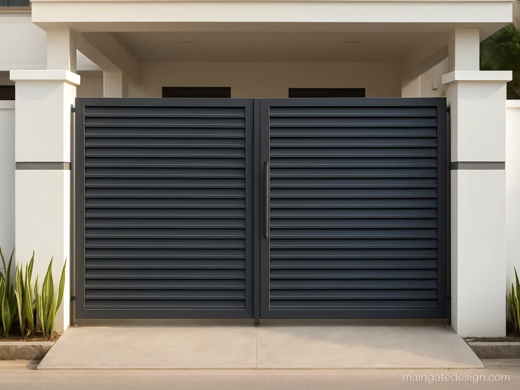 Louvers main gate design with angled horizontal slats in grey