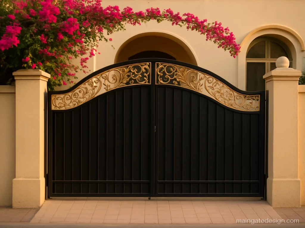 Black main gate with gold CNC cut arch top and plain bars below