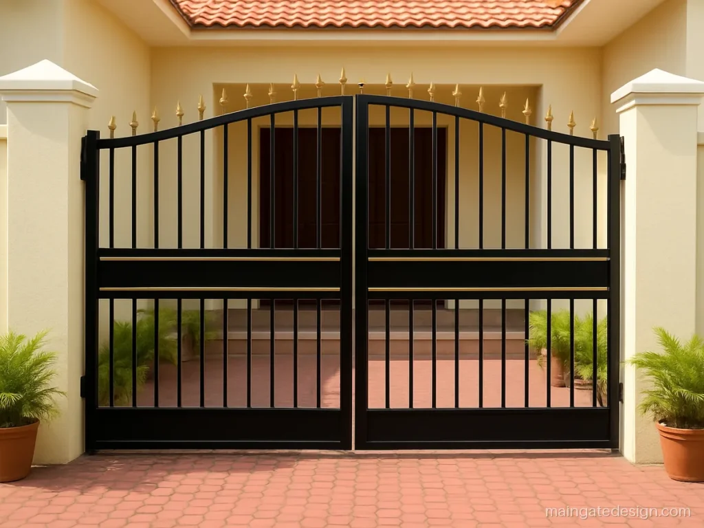 Black and gold main gate design with vertical bars and gold spear tips