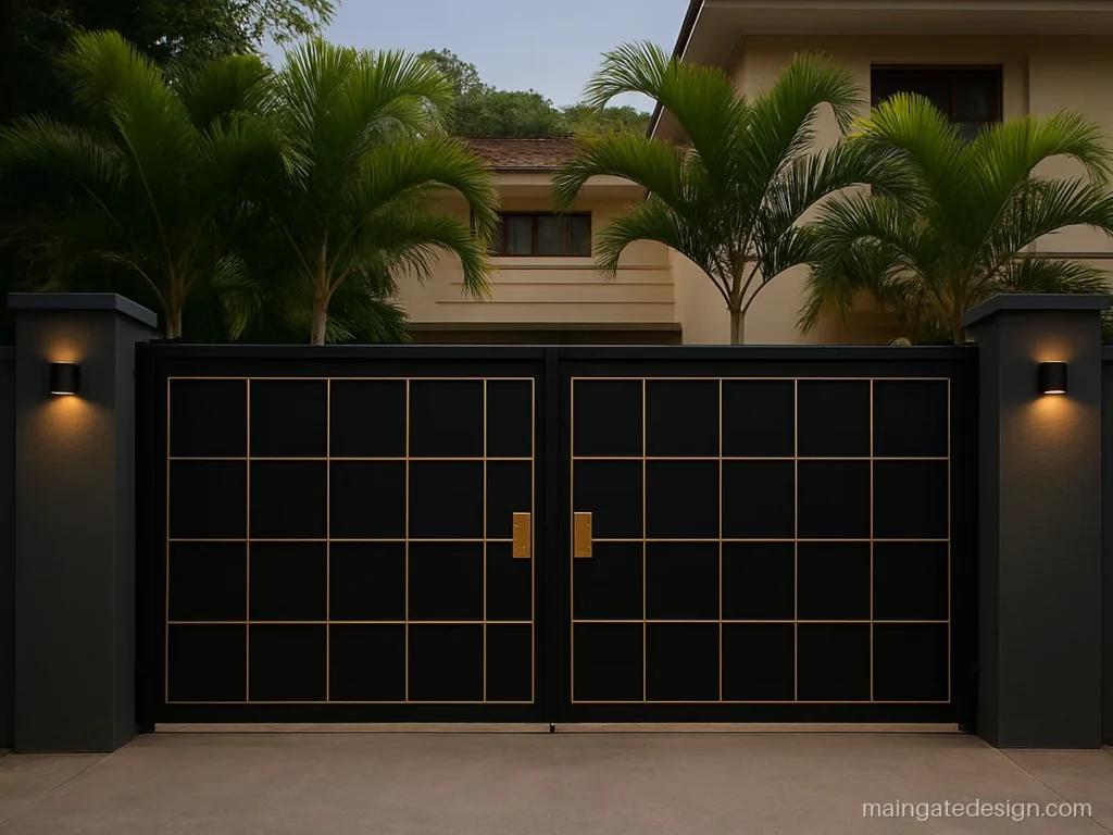 Black main gate design with full sheet leaves and a gold square panel grid