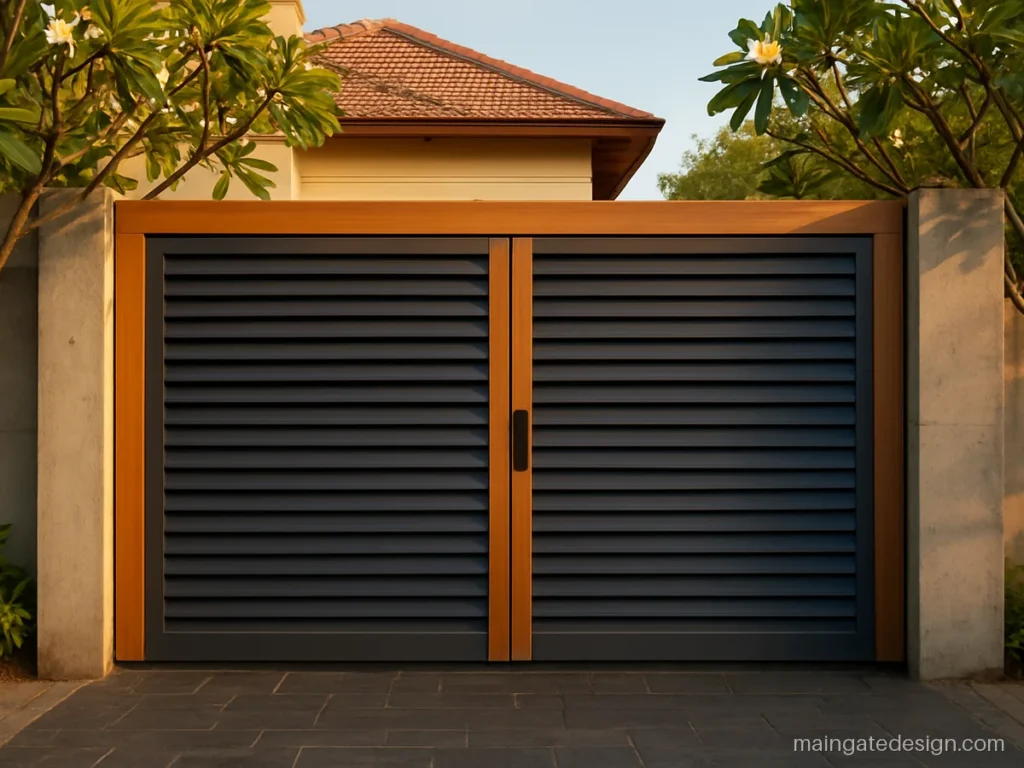 Charcoal louver main gate with a teak wood tone frame and top band