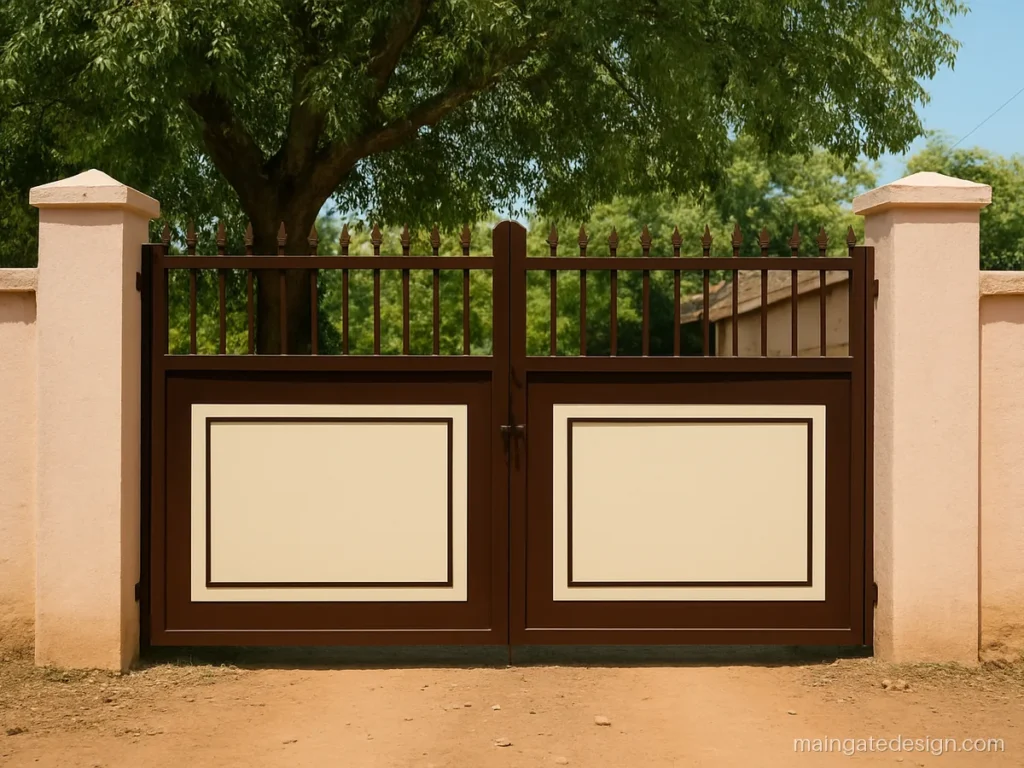Two-tone main gate in chocolate brown with cream panels on a village house