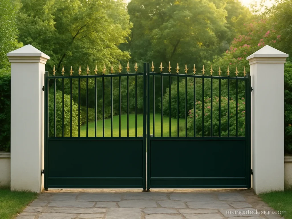 Dark green iron main gate with brass coloured tips at a garden home