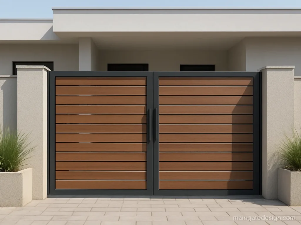 Grey frame main gate with horizontal wood tone slats and a slim handle