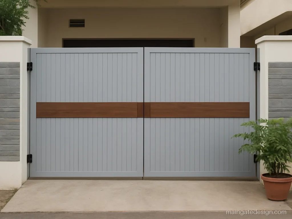 Light grey sheet main gate with one wide wood tone band across both leaves
