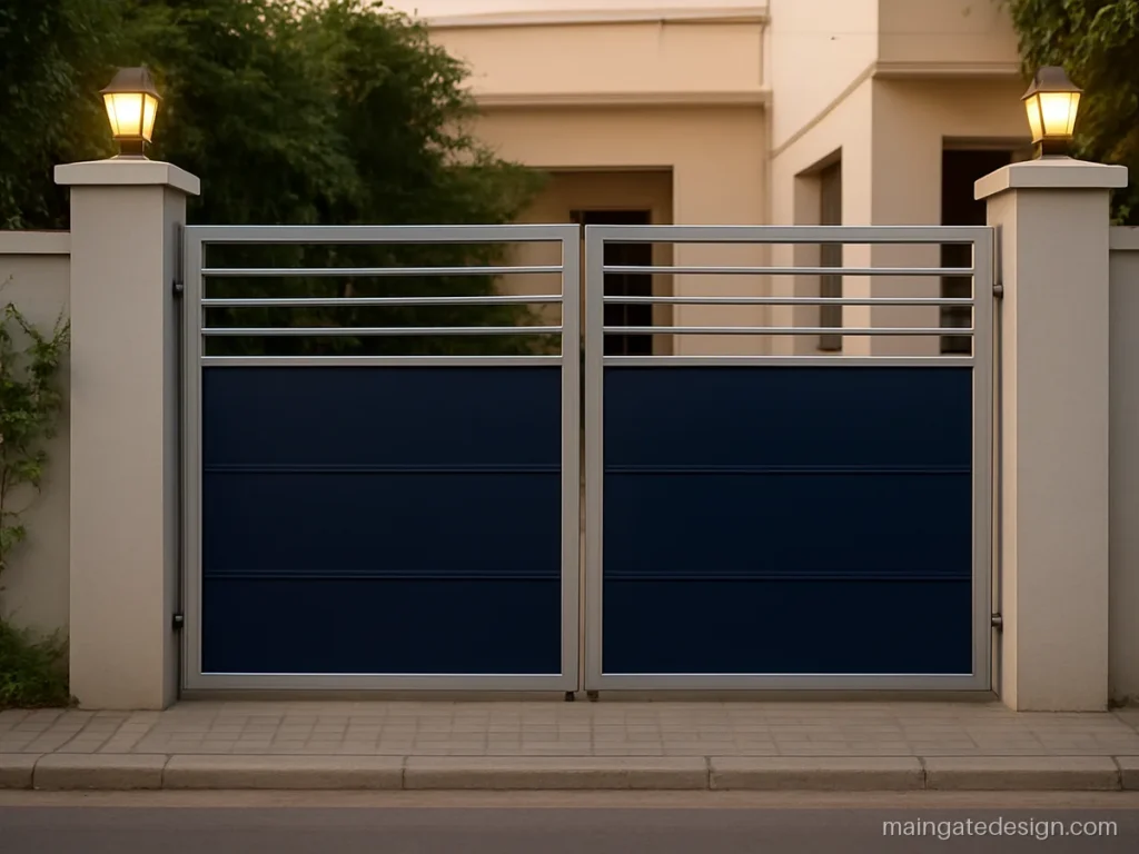 Navy blue main gate with silver grey accents in a two colour pattern