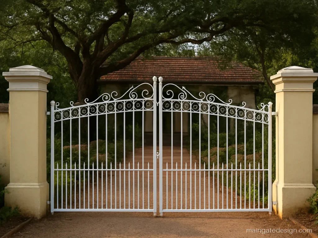 White iron main gate with classic scroll work and round finials