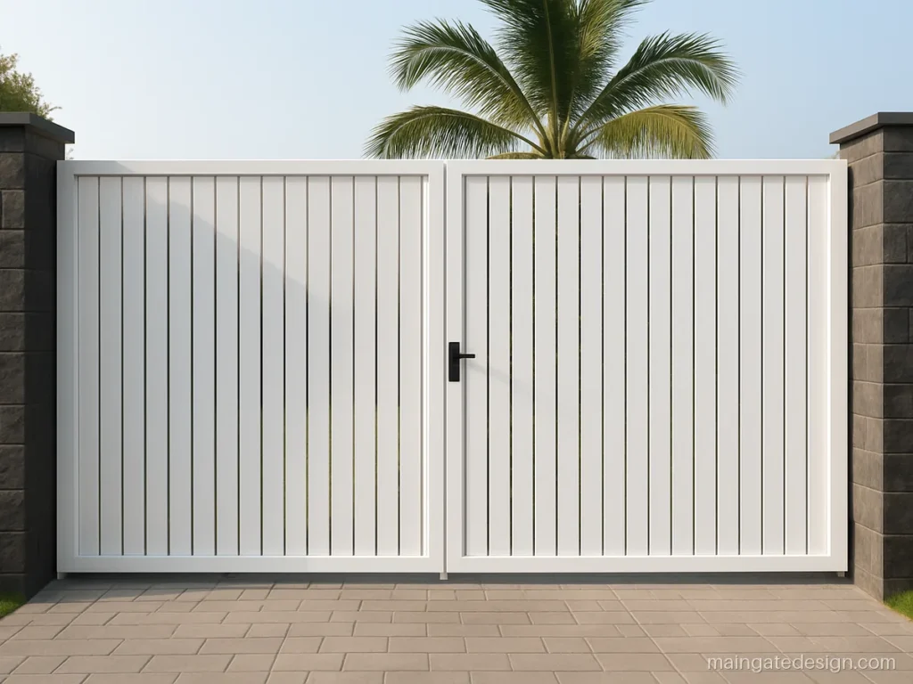 Modern white main gate design with vertical slats against stone clad pillars