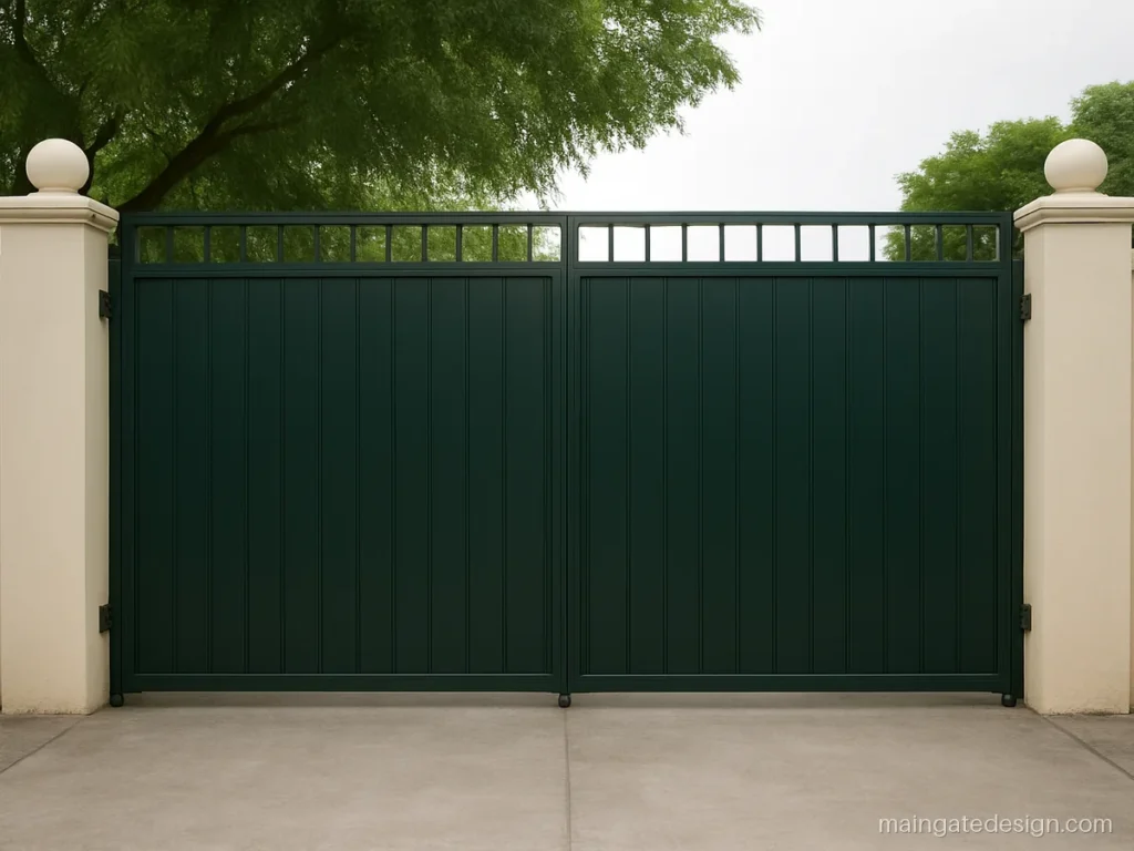 Simple 12 feet main gate design with full sheet leaves and pressed grooves