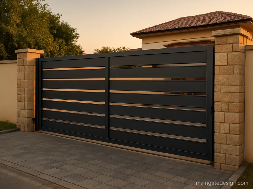 15 feet sliding main gate on a ground track with horizontal sheet panels