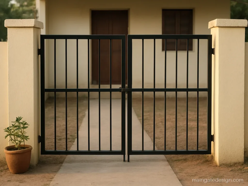 Budget 6 feet main gate design in iron with plain vertical bars and one rail