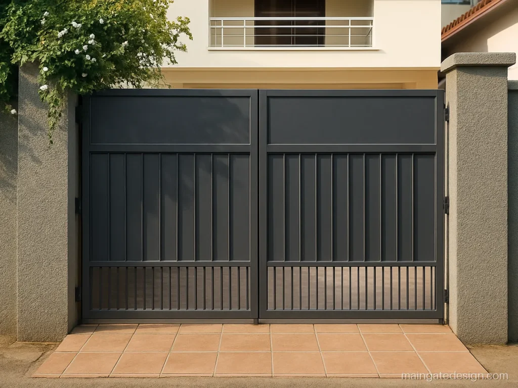 7 feet iron main gate with bars below and a solid sheet band on top