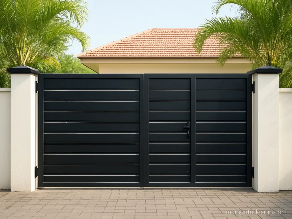 8 feet main gate design in iron with a wicket door and horizontal bars