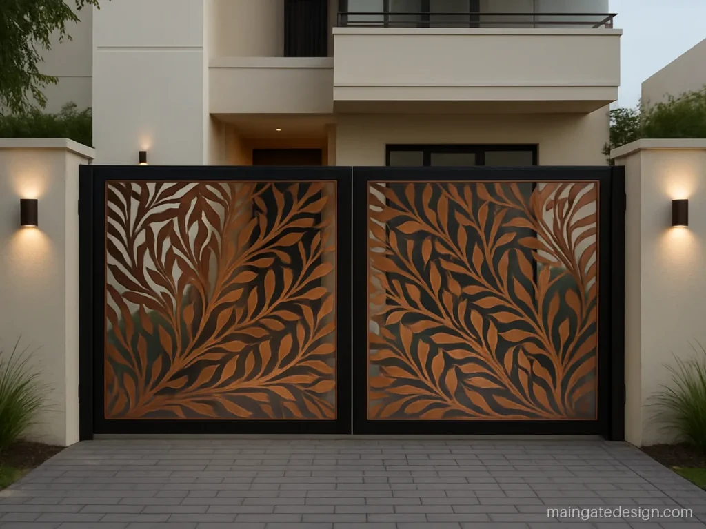 CNC laser cut panel main gate in copper tone with a black frame