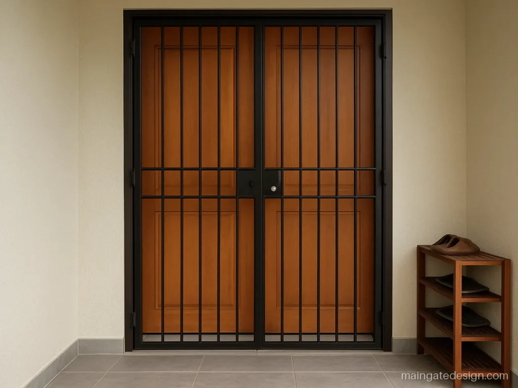 Double door grill gate design for main door with square bars and a lock box