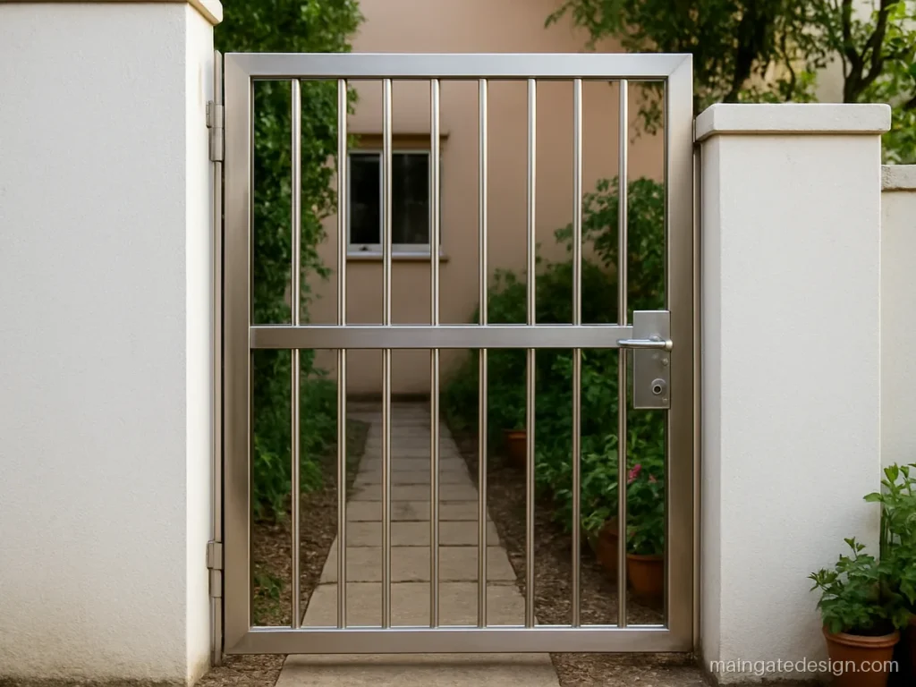 Steel main gate design single door with vertical SS rods and a satin frame