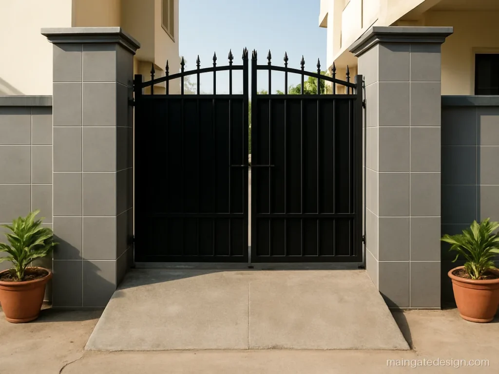 Main gate pillars with grey wall tiles and caps beside a plain iron gate