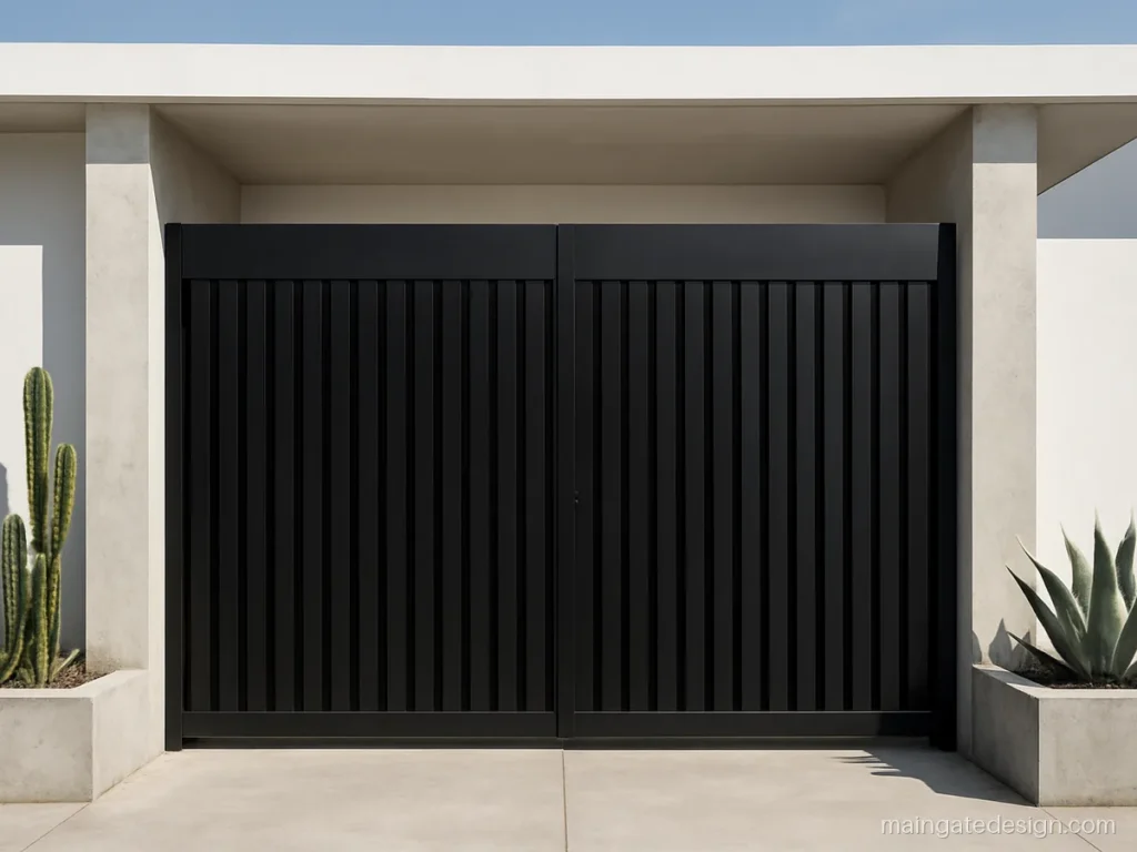 Modern iron double door main gate design with black flat bars and a solid top band