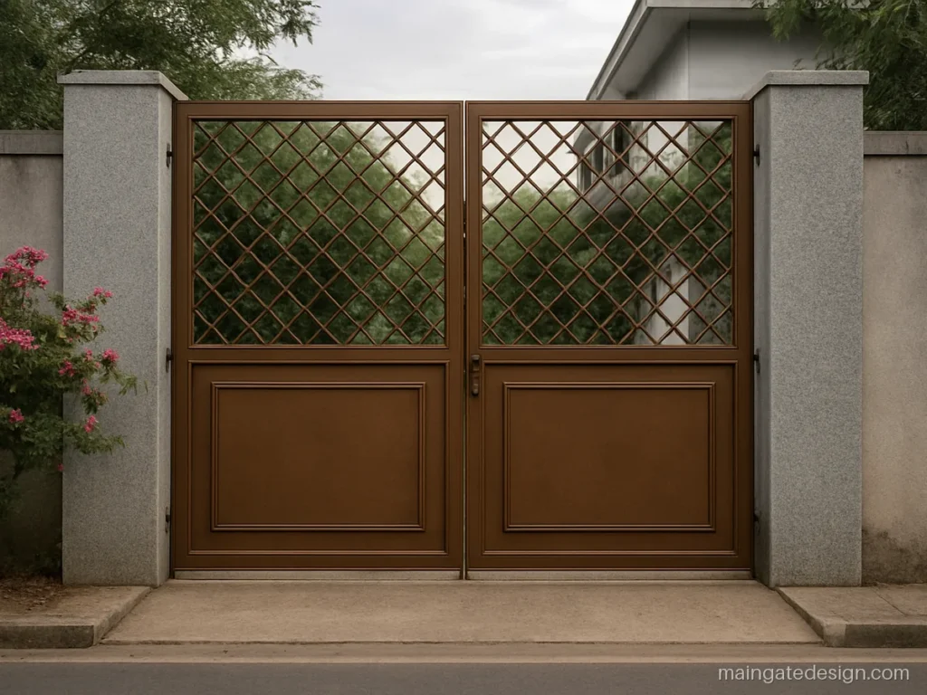 Lohe ka main gate double door design iron with bronze sheet and diamond bars
