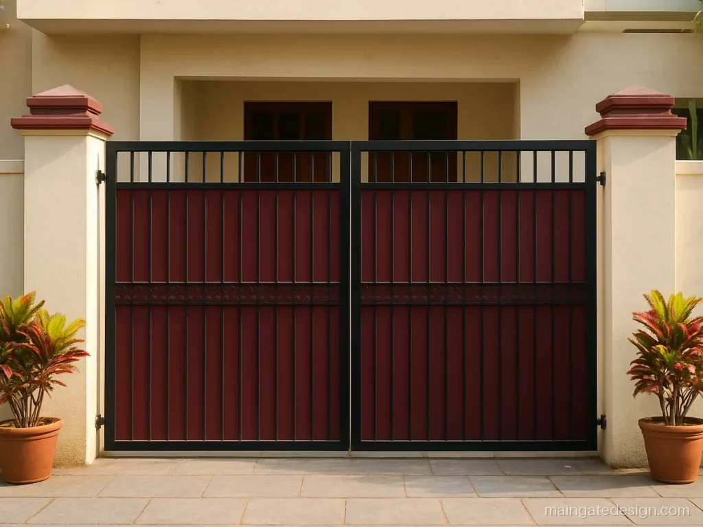 Double door main gate design iron in wine red with a band of rings