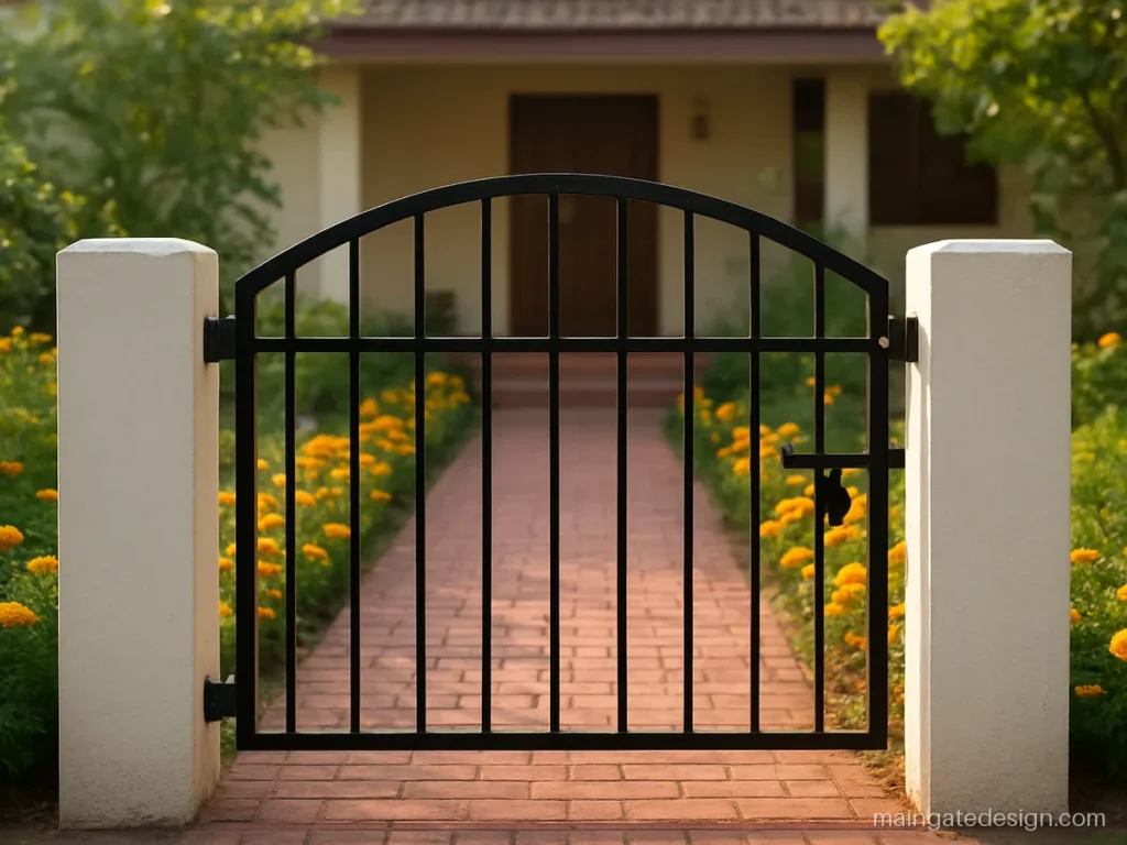 Single door main gate design in black iron with an arched top and a latch