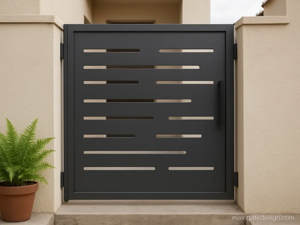 Main gate single door design in modern iron with a sheet and cut slots