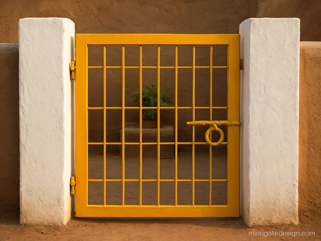 Main gate single gate design in yellow iron grill for a village house
