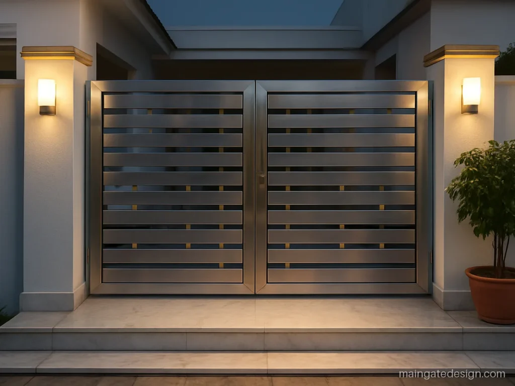 Double door main gate design for home in steel with gold tone square inserts