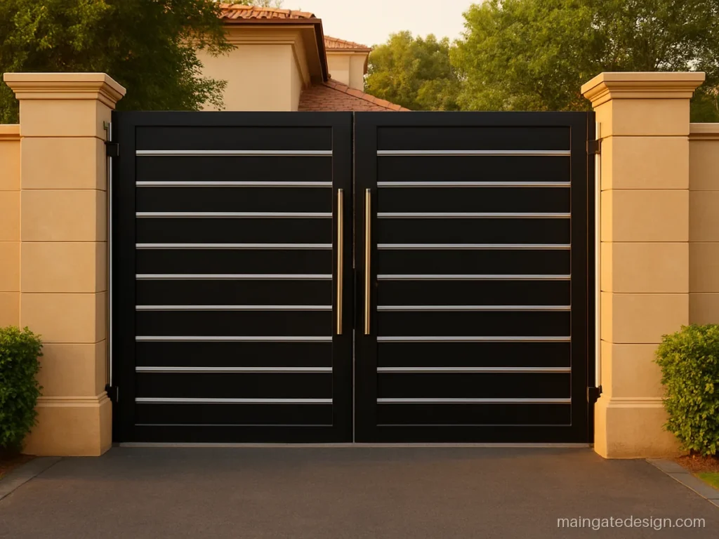 Main gate design double door with matt steel horizontal pipes and black frame