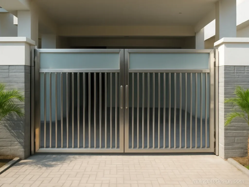 Double door main gate design in SS with mirror pipes and a frosted glass panel