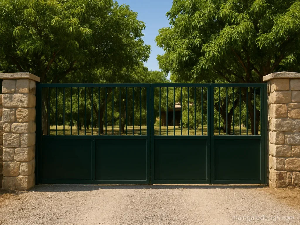 3 palla main gate design with three leaves in dark green for a wide drive