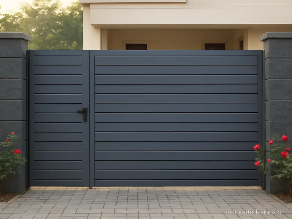 Main gate double door design with unequal leaves and grey horizontal slats