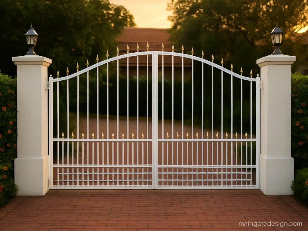 Unequal double door iron main gate in white with gold tips and a curved top